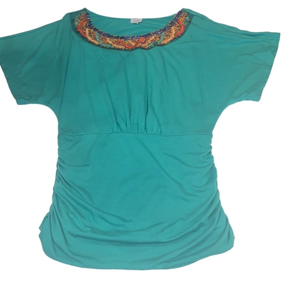 Charming Charlie Teal Green Knit Top Beaded Neckline Hip Rouching Size Medium - Picture 11 of 12